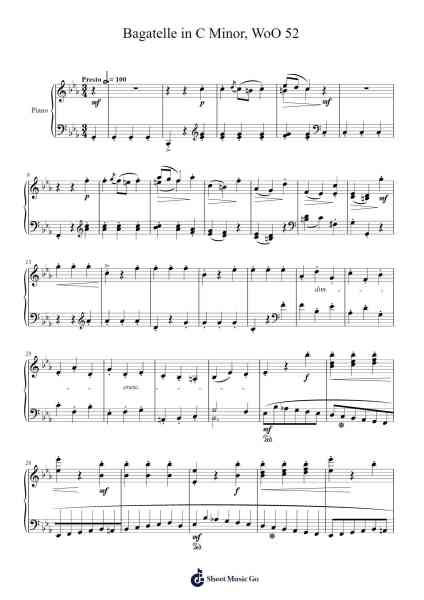 Bagatelle in C Minor, WoO 52 Sheet Music by Ludwig van Beethoven-Arr.Dickbryce Biien