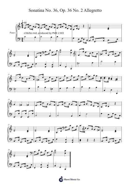 Sonatina No. 36 in C Major, Op. 36 No. 2: II. Allegretto Nuty na fortepian przez undefined-Arr.Aumeo Glennrine