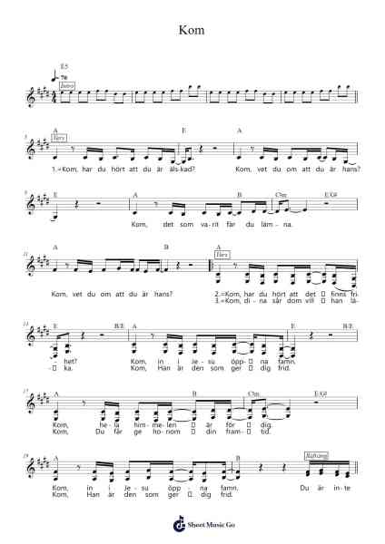 Kom Sheet Music by Johan Åsgärde/Ida Möller/Sarah Lundbäck Bell/Anton Lövgren-Arr.Perrusk