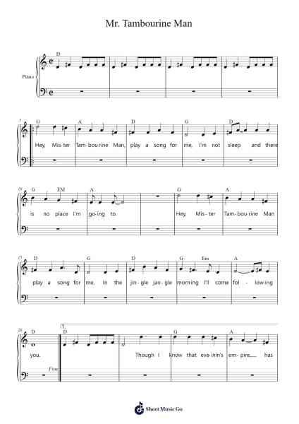 Mr. Tambourine Man Sheet Music by Bob Dylan-Arr.Brookjoy