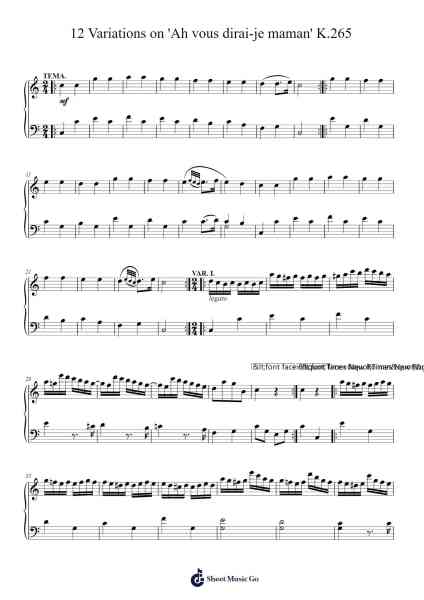 12 Variations on 'Ah vous dirai-je, Maman' in C Major, K. 265 Sheet Music by Wolfgang Amadeus Mozart-Arr.Kingsgan
