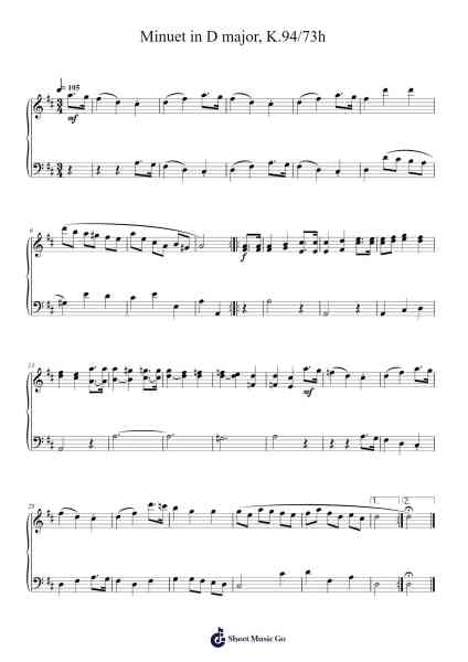 Minuet in D Major, K. 94/73h Sheet Music by Wolfgang Amadeus Mozart-Arr.Hagpold
