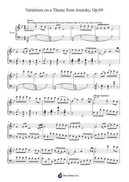 Variations on a Theme from Arensky, Op. 69 Sheet Music by klaudious-Arr.Ellyle Hunrhys