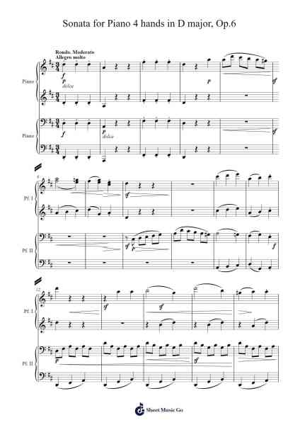 Sonata for Piano 4 Hands in D Major, Op. 6 Sheet Music by Ludwig van Beethoven-Arr.Gregrace Glennjob