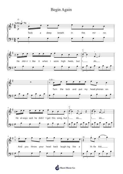 Begin Again Sheet Music by Taylor Swift-Arr.Joycelup