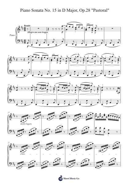 Piano Sonata No. 15 in D Major, Op.28 "Pastoral" Sheet Music by Ludwig van Beethoven-Arr.Maltzbel Dertosh