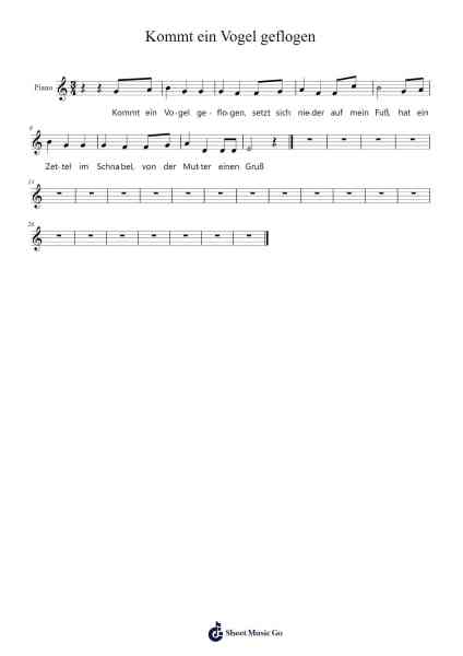 Kommt ein Vogel geflogen Ноты для фортепиано от -Arr.Gracejosh