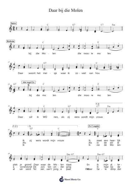 Daar bij die Molen Sheet Music by Unknown author-Arr.Mireed Rhystwain