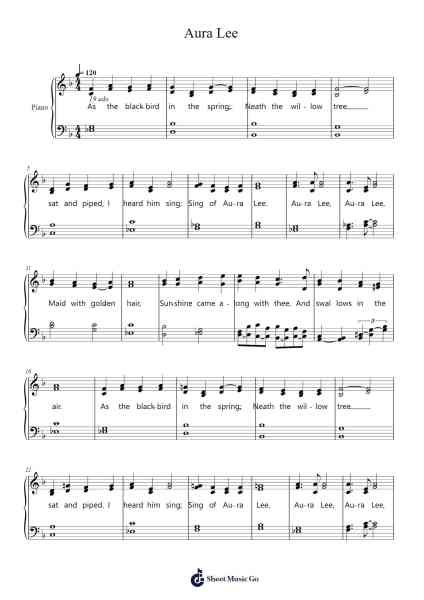Aura Lee Sheet Music by Leila Fletcher-Arr.Oglet Kitcke