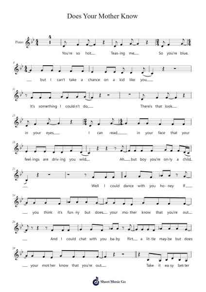 Does Your Mother Know Sheet Music by Emlard Gemcah-Arr.Cranethe Dougledk