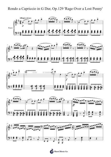 Rondo a Capriccio in G Major, Op. 129 "Rage Over a Lost Penny" Sheet Music by Ludwig van Beethoven-Arr.Joycelup