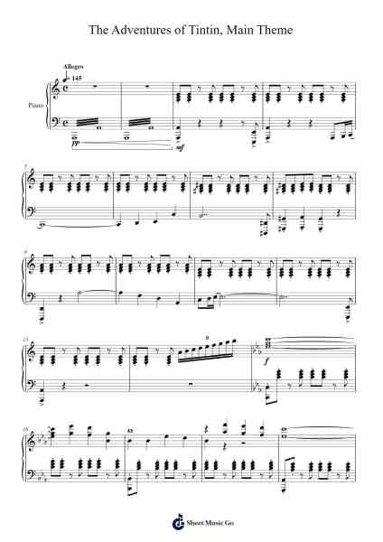 The Adventures of Tintin, Main Theme Sheet Music by Ray Parker/Jim Morgan/Tom Szczesniak-Arr.Kentfred