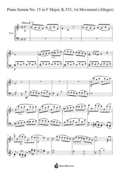 Piano Sonata No. 15 in F Major, K.533, 1st Movement (Allegro) Sheet Music by Wolfgang Amadeus Mozart-Arr.Wrightcia Leighgai