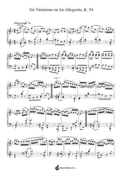 Six Variations on An Allegretto, K. 54 Sheet Music by Wolfgang Amadeus Mozart-Arr.Laupound