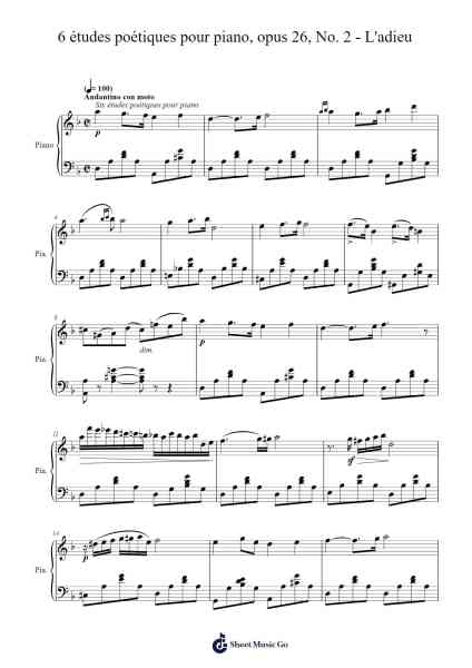 6 études poétiques pour piano, Op. 26, No. 2 "L'adieu" Sheet Music by Henriette-Caroline Mennechet de Barival-Arr.Bardries Popelroy