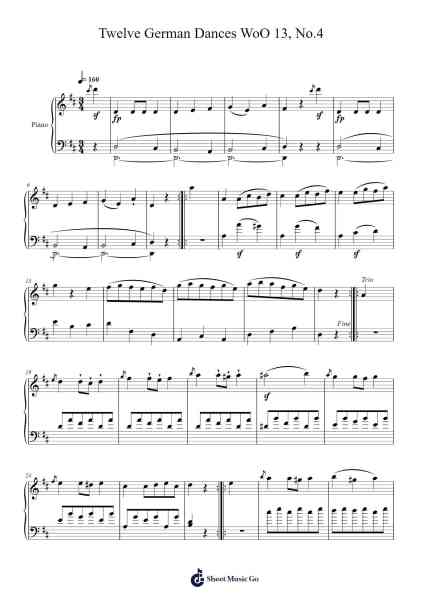 Twelve German Dances WoO 13, No. 4 Sheet Music by Ludwig van Beethoven-Arr.Copclife Hudvan