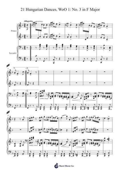 21 Hungarian Dances, WoO 1: No. 3 in F Major Sheet Music by Johannes Brahms-Arr.Binggram Ararence