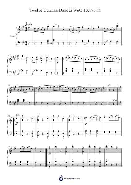 Twelve German Dances WoO 13, No. 11 Sheet Music by Ludwig van Beethoven-Arr.Cusnow Noahlis