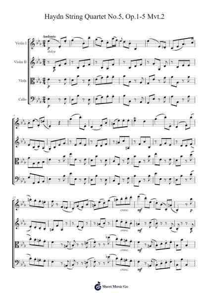 String Quartet No. 5 in E-flat Major, Op. 1, No. 5, Hob. III:5: II. Minuet Sheet Music by Joseph Haydn-Arr.Dobing