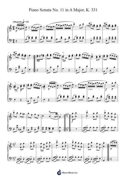 Piano Sonata No. 11 in A Major, K. 331 Sheet Music by Wolfgang Amadeus Mozart-Arr.Gunsea Holmesbob