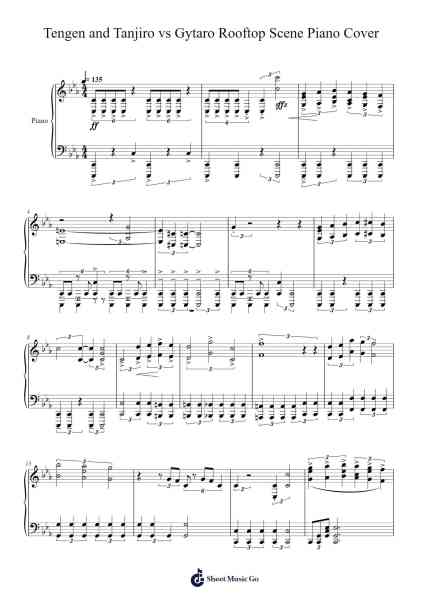 Tengen and Tanjiro vs Gytaro Rooftop Scene Piano Cover Sheet Music by Go Shiina/Yuki Kajiura-Arr.Rooven
