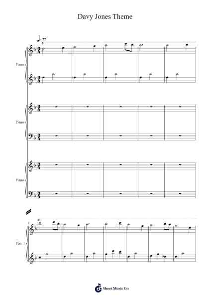 Davy Jones Theme for Three Pianos (easy) 樂譜由 Hans Zimmer - 編曲 Kirkjoel
