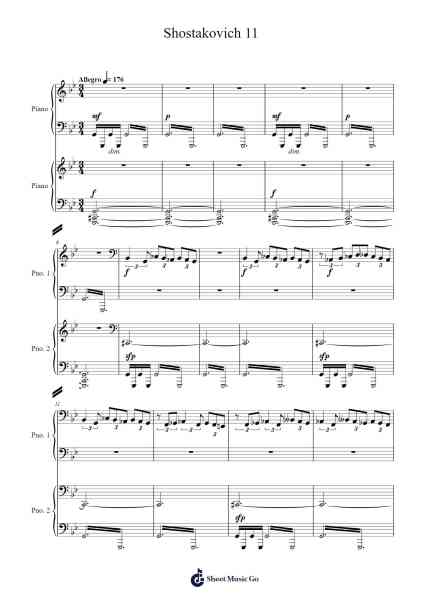 Symphony No. 11 in G Minor, Op. 103 "The Year 1905": Excerpt Arranged for 2 Pianos Sheet Music by Dmitri Shostakovich-Arr.Wattkeith Louichild