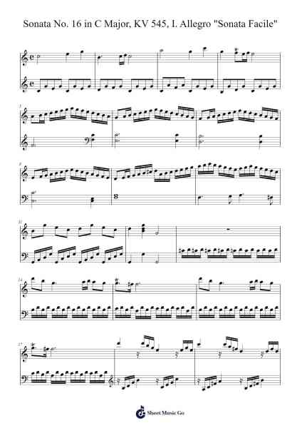 Sonata No. 16 in C Major, KV 545, I. Allegro "Sonata Facile" Sheet Music by Wolfgang Amadeus Mozart-Arr.Cookeda
