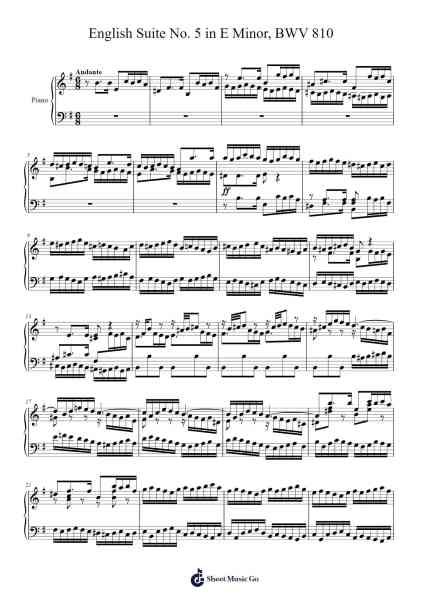 English Suite No. 5 in E Minor, BWV 810 Sheet Music by Johann Sebastian Bach-Arr.Rareade Zoelotte