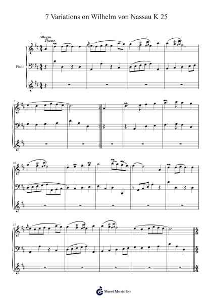 7 Variations on "Wilhelmus van Nassouwe" in D Major, K. 25 Sheet Music by Wolfgang Amadeus Mozart-Arr.Wano'neil Orn