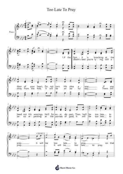 Too Late To Pray Sheet Music by Eugene Wright-Arr.Cherlius Bunearl