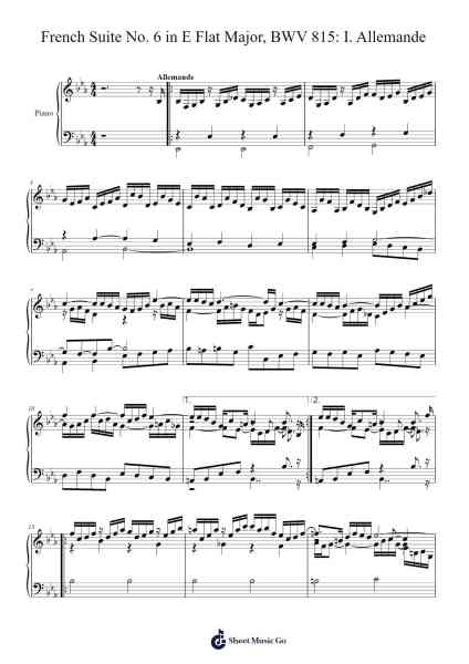French Suite No. 6 in E Flat Major, BWV 815: I. Allemande Sheet Music by Johann Sebastian Bach-Arr.Cashshop