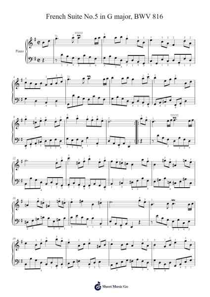 French Suite No. 5 in G Major, BWV 816: V. Bourrée Sheet Music by Johann Sebastian Bach-Arr.Cusnow Noahlis
