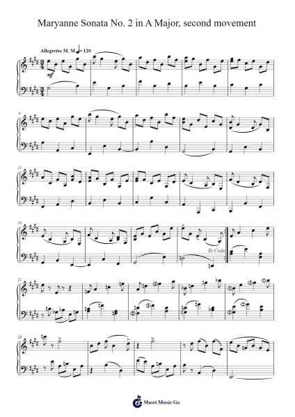 Maryanne Sonata No. 2 in A Major, second movement Sheet Music by Stefanokud-Arr.Davebel