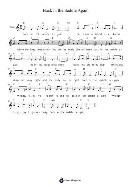 Back in the Saddle Again Sheet Music by Gene Autry-Arr.Caelance