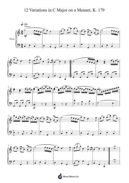 12 Variations in C Major on a Menuet, K. 179 Sheet Music by Wolfgang Amadeus Mozart-Arr.Franling Godrwood