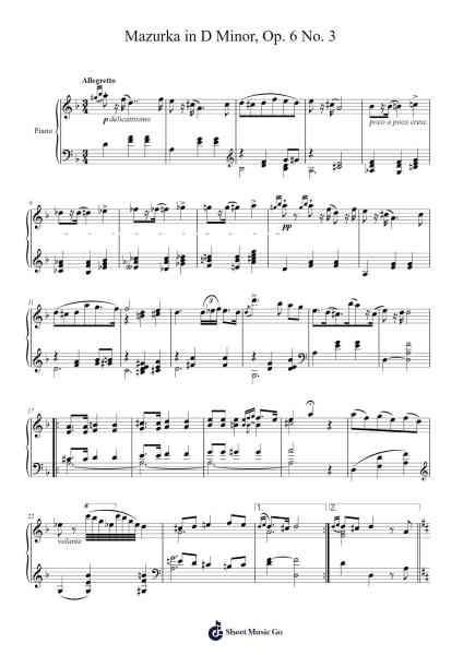 Mazurka in D Minor, Op. 6 No. 3 Sheet Music by Karol Bernard Załuski Von Zaluskie-Arr.Harvian Geortiane
