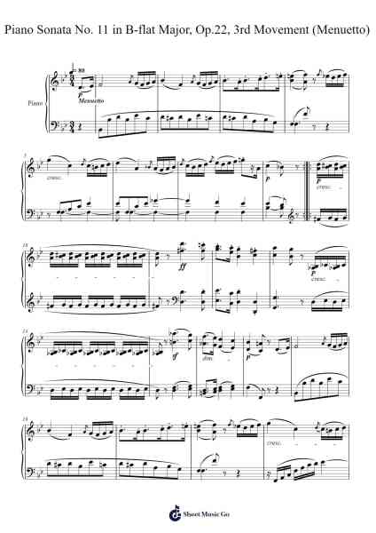Piano Sonata No. 11 in B-flat Major, Op.22, 3rd Movement (Menuetto) Sheet Music by Ludwig van Beethoven-Arr.Glacarr
