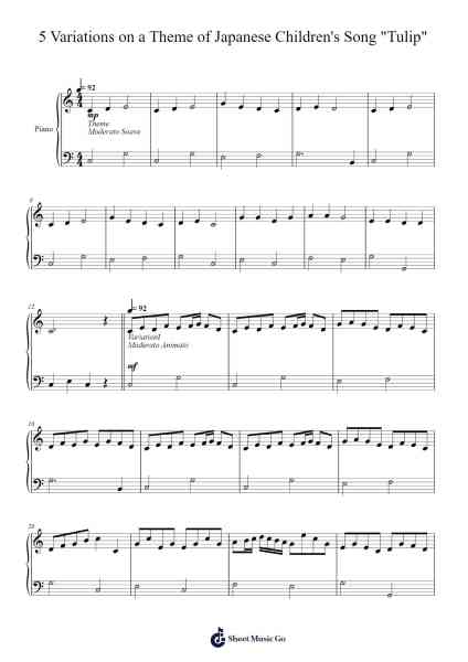 5 Variations on a Theme of Japanese Children's Song "Tulip" Musica per pianoforte di 井上武士 - Arr.Babmia