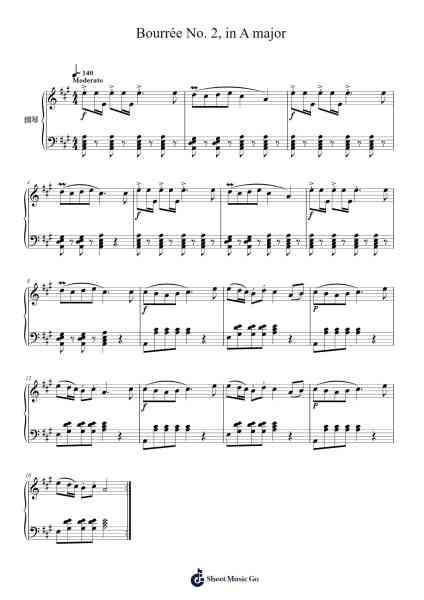Bourrée No. 2, in A major Sheet Music by yufu100922-Arr.Otnold