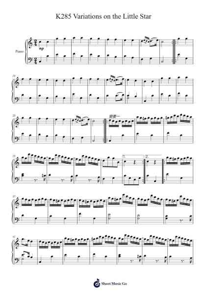 Variations on the Little Star, K. 285 Sheet Music by Wolfgang Amadeus Mozart-Arr.Bairdkeith Cysoon