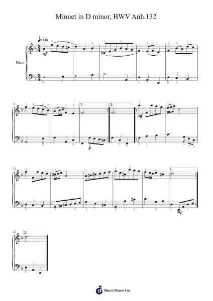 Minuet in D Minor, BWV Anh. 132 Sheet Music by Johann Sebastian Bach-Arr.Auwolf