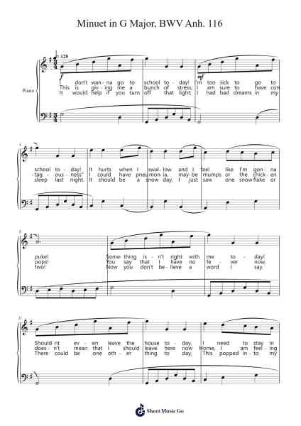Minuet in G Major, BWV Anh. 116 Sheet Music by Johann Sebastian Bach-Arr.Huxdia