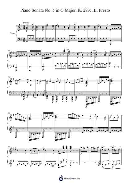 Piano Sonata No. 5 in G Major, K. 283: III. Presto Sheet Music by Wolfgang Amadeus Mozart-Arr.Payrusk