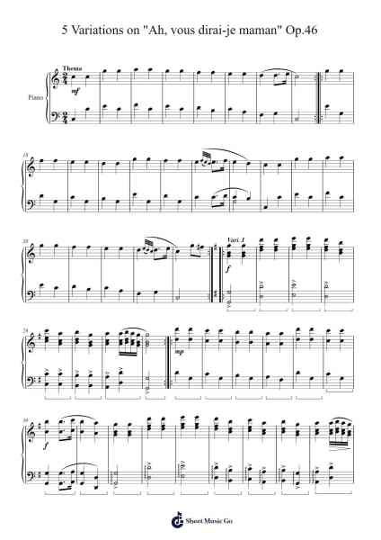 5 Variations on "Ah, vous dirai-je maman" Op. 46 Sheet Music by Genewat Duttret-Arr.Pearroe