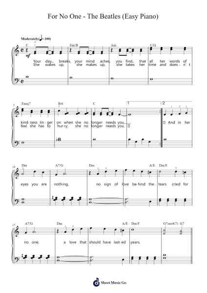 For No One - The Beatles (Easy Piano) Sheet Music by The Beatles-Arr.Reyler Poundien
