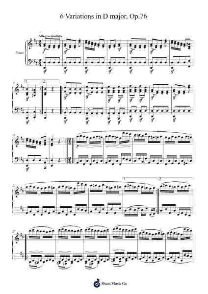 6 Variations in D Major, Op. 76 Sheet Music by Ludwig van Beethoven-Arr.Paggo Bruhale