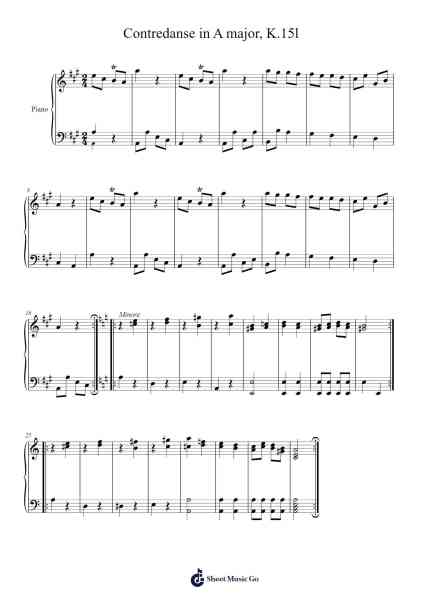 Contredanse in A Major, K. 151 Sheet Music by Wolfgang Amadeus Mozart-Arr.Hornker