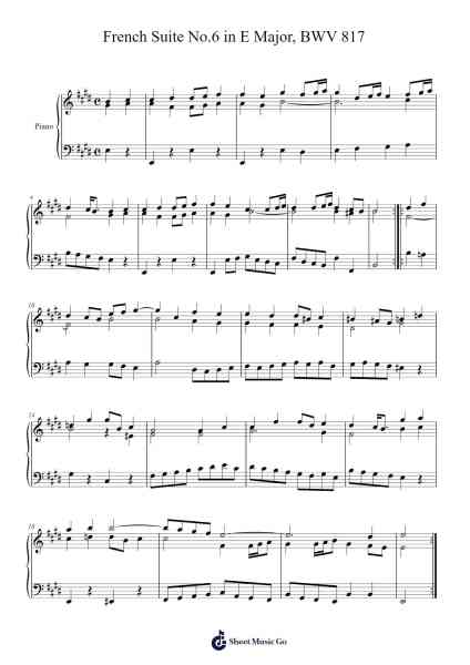 French Suite No.6 in E Major, BWV 817 Sheet Music by Johann Sebastian Bach-Arr.Rooryl Petnoel
