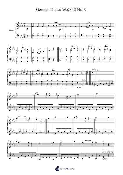 German Dance WoO 13 No. 9 Sheet Music by Ludwig van Beethoven-Arr.Felnah Puvien